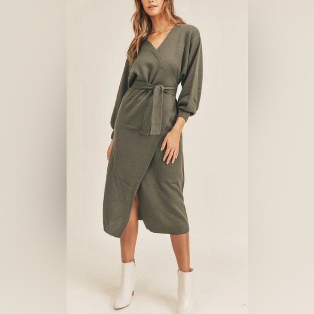 Mable Leah True Wrap Midi Knit Dress Long Sleeves Casual Size Large